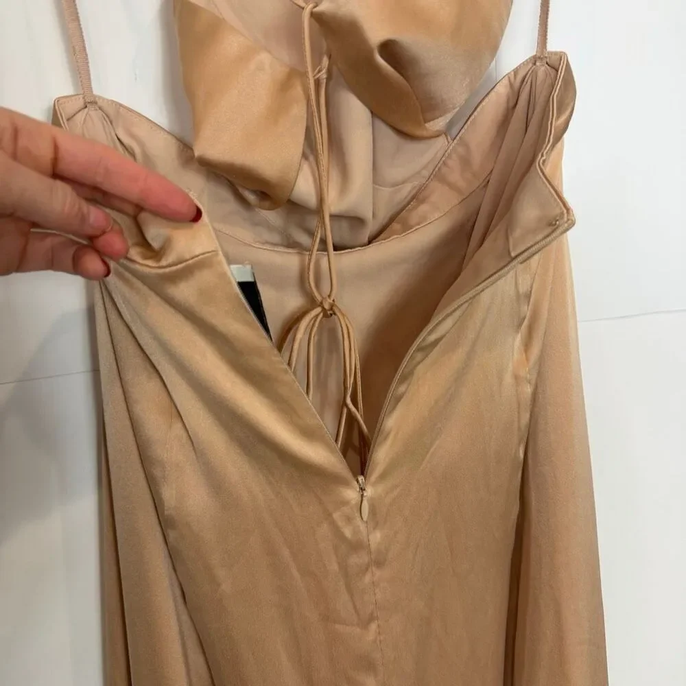 NWT Fame And Partners Maxi Dress Womens 2 Gold Beige Open Criss Cross Back Gown